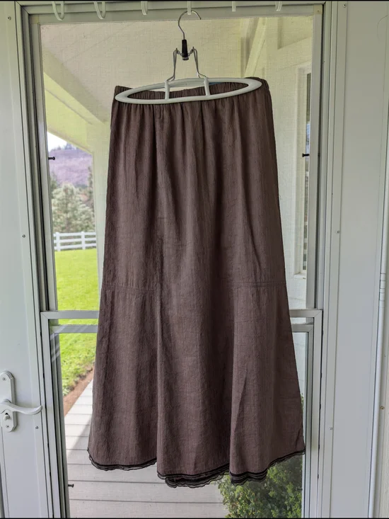 Kleen Silk Linen Paneled Maxi Skirt Brown Elastic Waist Button Detail S Like New - Picture 2 of 4